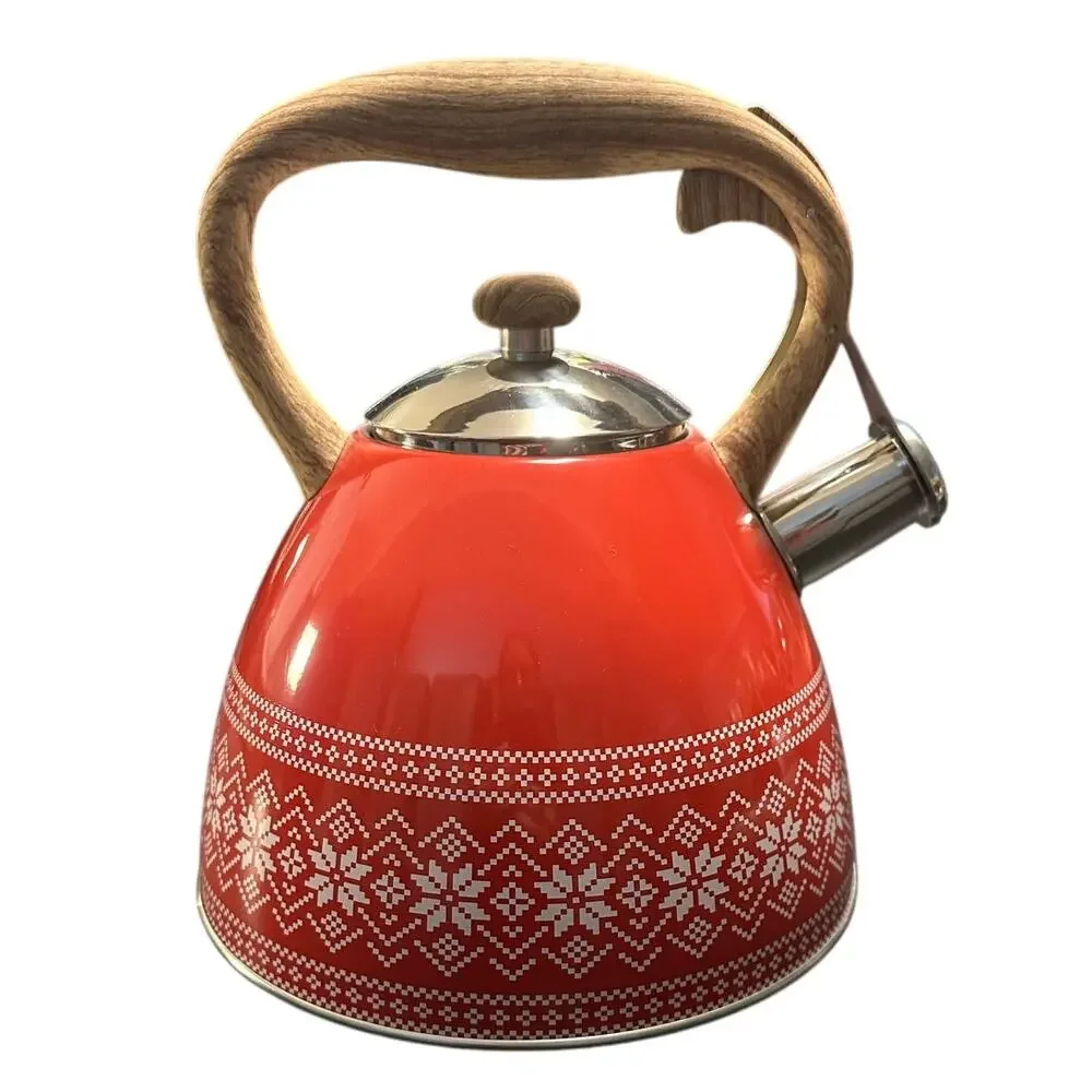 Red Snowflake Tea Kettle Nordic Holiday Stovetop Whistling Kettle 2.6 Qt